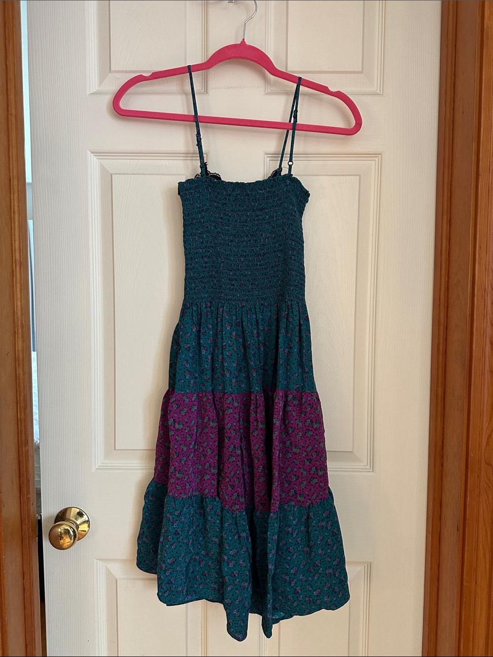 Vintage Y2K Betsey Johnson Teal Floral High-Low Milkmaid Dress with Lace Trim 4 - Picture 4 of 11